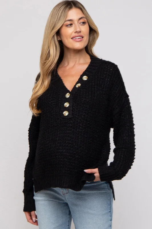 Black Henley Side Slit Maternity Sweater