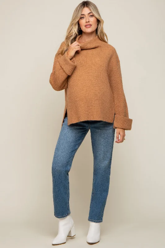 Camel Mock Neck Chunky Knit Maternity Sweater