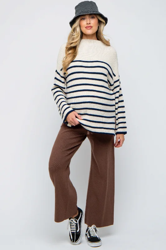 Cream Striped Mock Neck Maternity Sweater