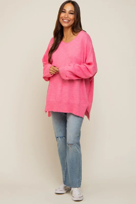 Fuchsia Dolman Sleeve Side Slit Maternity Sweater