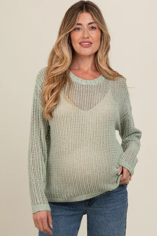 Light Olive Open-Knit Maternity Sweater