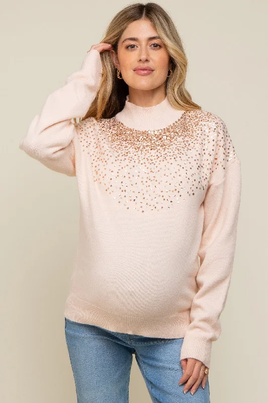 Light Pink Sequin Knit Mock Neck Maternity Sweater