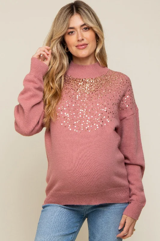 Mauve Sequin Knit Mock Neck Maternity Sweater