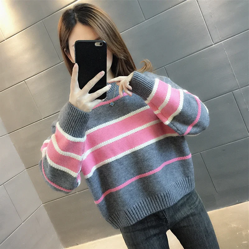 NiDELL Autumn and Winter Fashionable Small Short Sweater for Women . New Vintage Stripe Short round Neck Bottoming Shirt