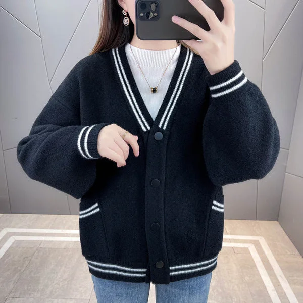 NiDELL . Autumn and Winter New Korean Style Loose V-neck Thick Baseball Uniform Knitted Sweater Women's Loose No Pilling Imitation Marten