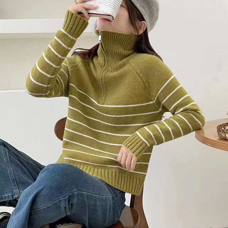 NiDELL Autumn and Winter New Lapel Loose Zip Fashionable Stylish Striped Sweaters Women's Clothing . Long Sleeve Versatile Knitted Top