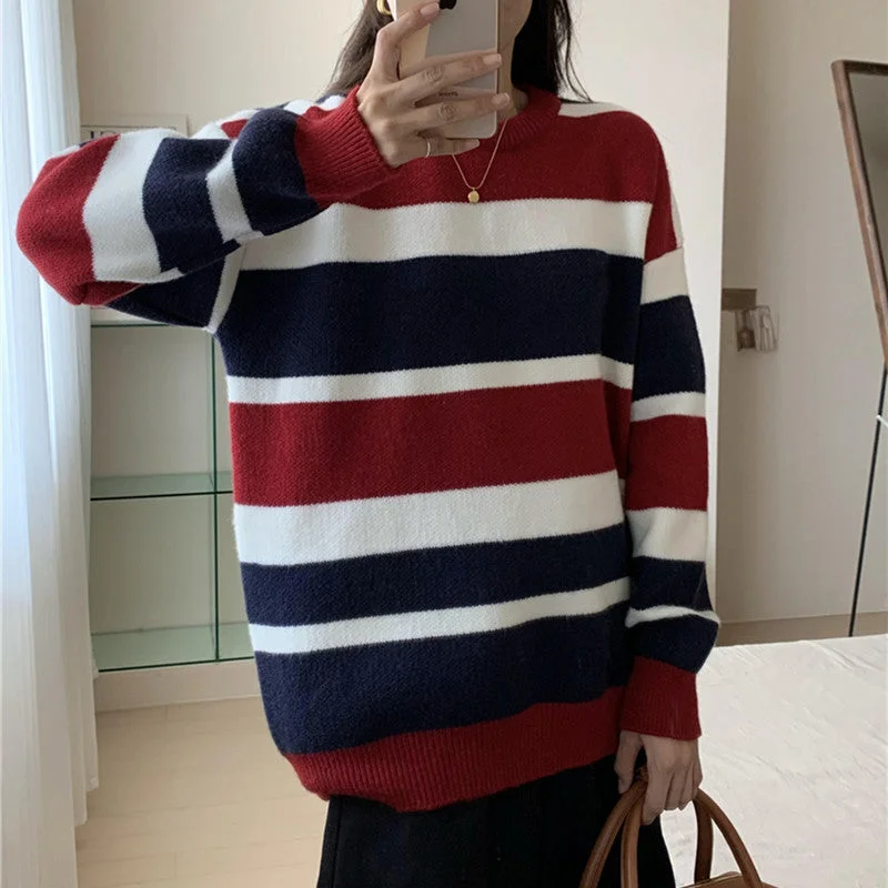 NiDELL Autumn and Winter round Neck Loose Design Niche Idle Style Knitted Top . New Contrast Color Striped Sweater for Women