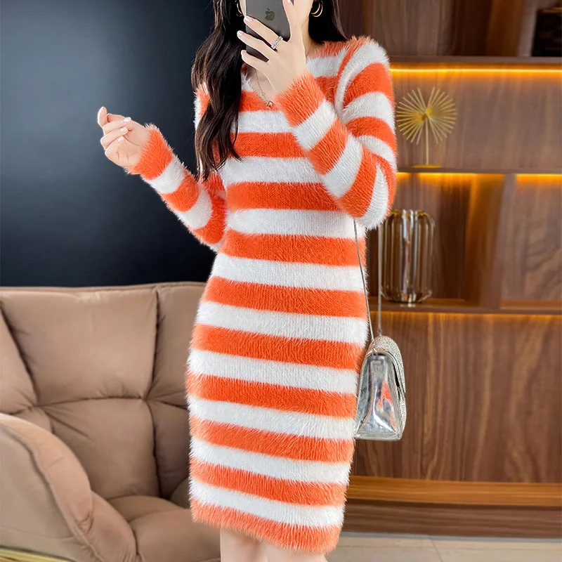 NiDELL Autumn and Winter V-neck Mink-like Wool Loose and Lazy Style Jumpsuit Knitted Dress Striped Contrast Color Mid-Length Knitted Sweater Dress