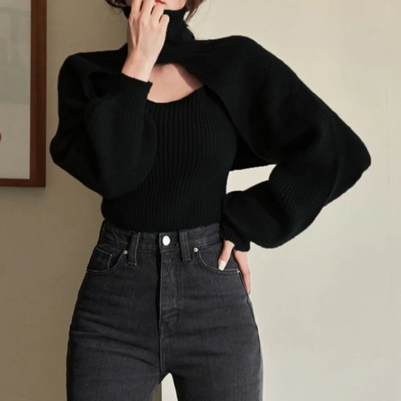 NiDELL . Autumn New Two-Piece Suit Sweater with Suspenders Women's Turtleneck Korean Style Puff Sleeve Knitwear Fashion Suit Top