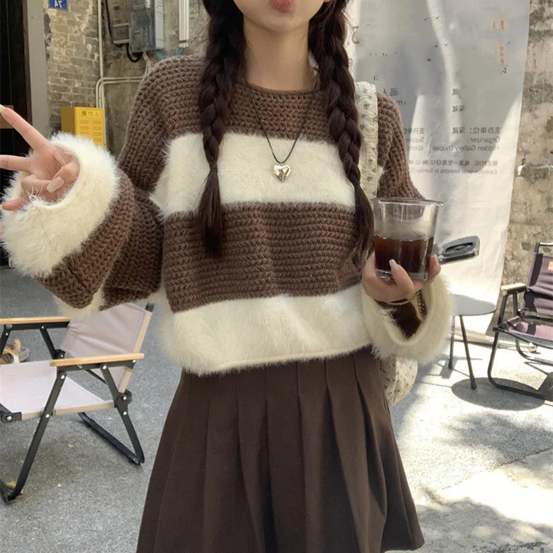 NiDELL Contrast Color Korean Style Soft Glutinous Striped All-Matching Sweater Women's . Autumn Fashion New Design Loose Knitted Top