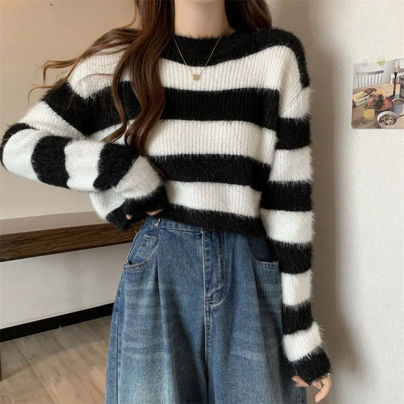 NiDELL French Striped Loose Short Outer Wear Sweater Women's Small Design Sense Niche Retro Super Nice Knitted Top