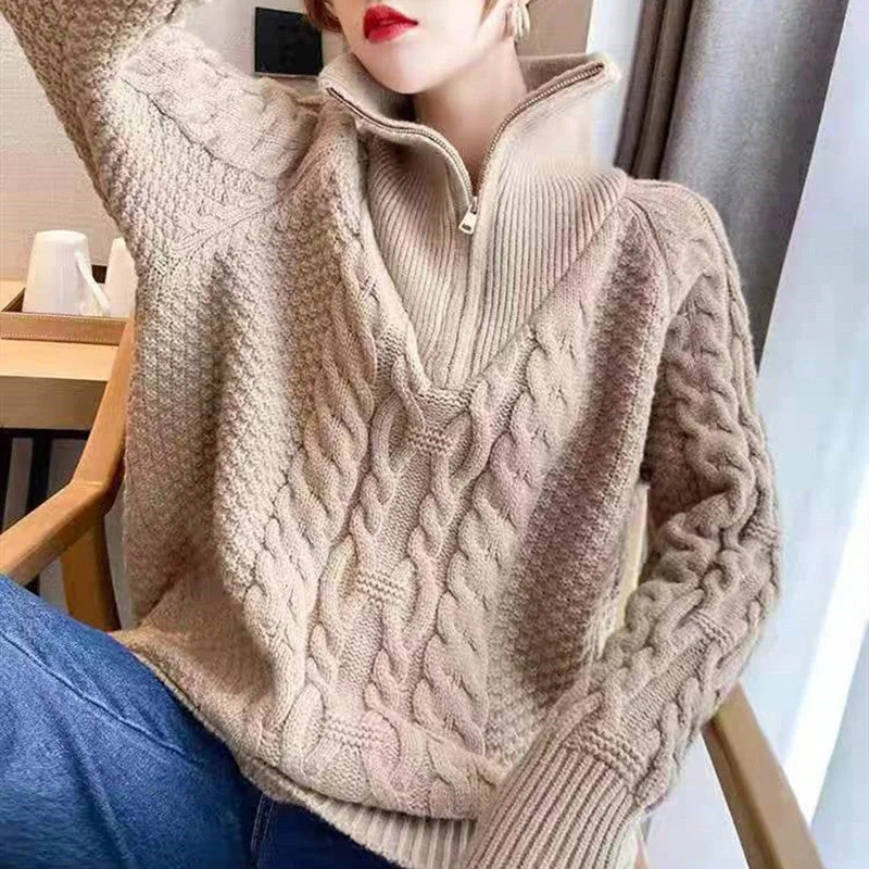 NiDELL French Style All-Matching Thick Retro Zipper Turtleneck Design Sense Hemp Pattern Loose and Idle Autumn and Winter Knitting Sweaters Women's Clothing