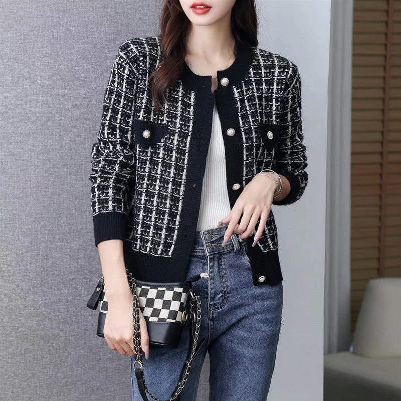 NiDELL French Style Classic Style Plaid Outer Wear Autumn Knitted Women's Clothing . Trendy Temperament Commute Fashion New Sweater for Women