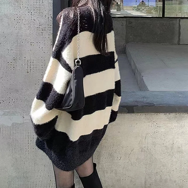 NiDELL Korean Style Contrast Color Casual Striped Knitted Sweater for Women . Autumn and Winter New Soft Glutinous Idle Style Niche Knitted Top