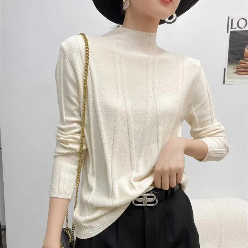 NiDELL Korean Style Elegant Slimming High-Grade Inner Sequins Half-High Collar Long Sleeves Bottoming Knitted Sweater Female . Autumn and Winter