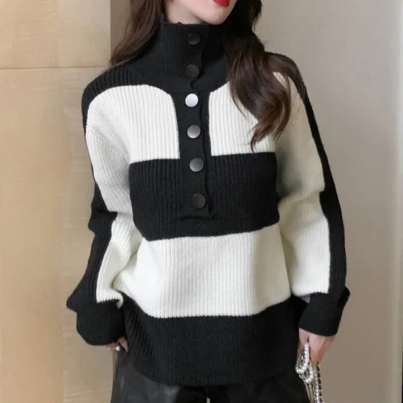 NiDELL Korean Style Retro Polo Collar Contrast Color Striped Sweater Women's Autumn and Winter New Loose and Lazy Style Casual All-Matching Sweater