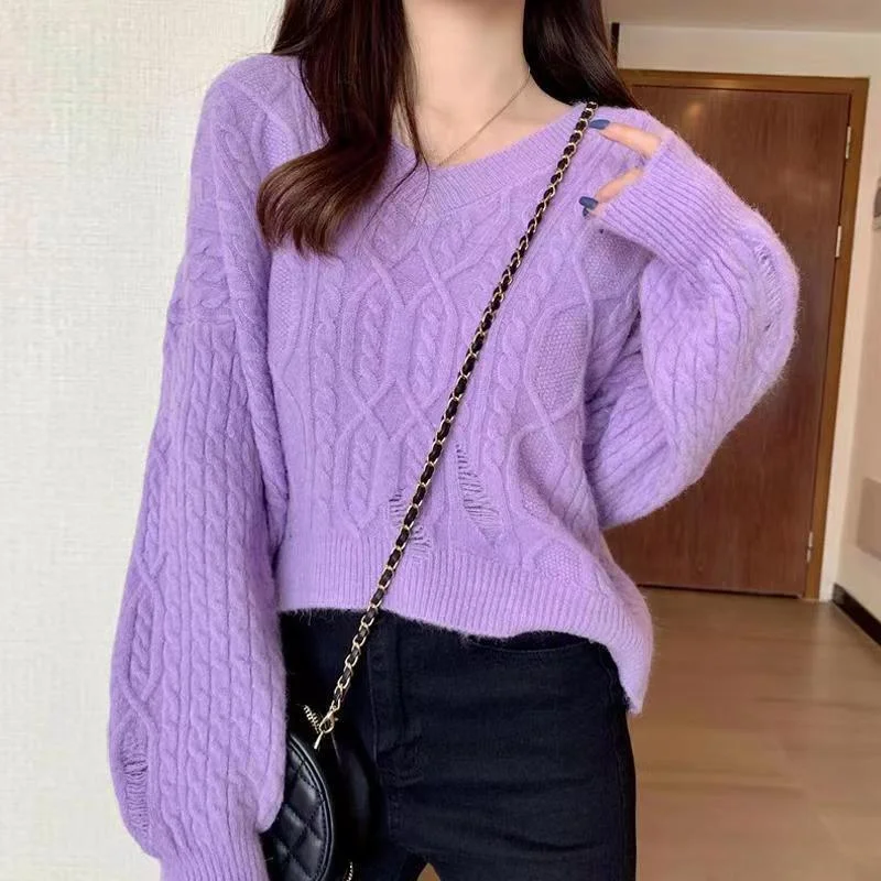 NiDELL Korean Style Short Western Style Lazy Sweater Women's . Autumn and Winter Retro Twist V-neck Hole Knitwear Women