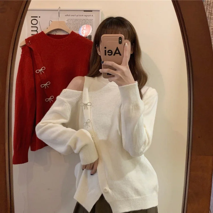 NiDELL . New Autumn and Winter Loose Long Sleeve Ouya Red Knitted Top Women's Gentle Fashion Base Sweater