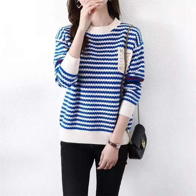 NiDELL . New Autumn and Winter Sweaters Fashionable Stylish Design Sense Niche Slimming Stripes Top Women's First Love Sweater