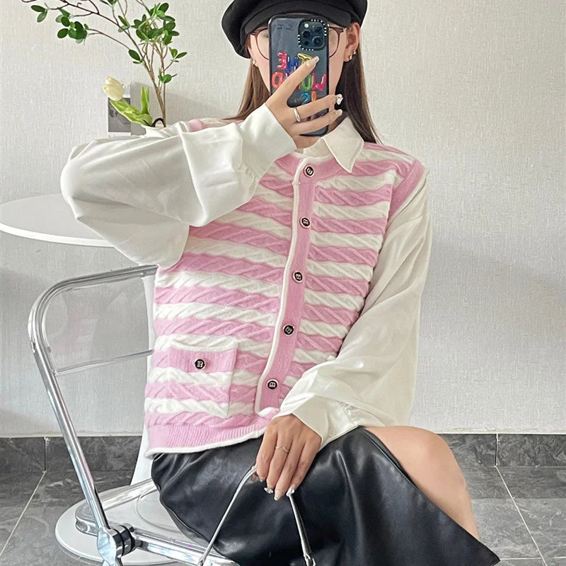 NiDELL Retro Debutante Style Sweet Elegance Striped Stitching Sweater Vest . New round Neck Vest Autumn Top for Women