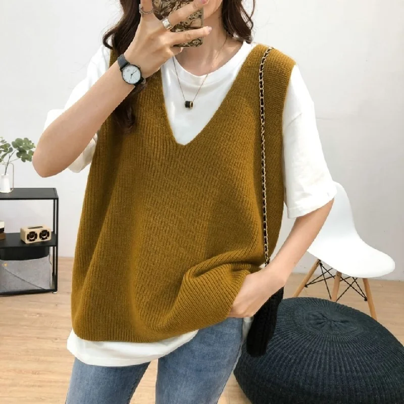 NiDELL Retro Lazy V-neck Vest Women's Spring Outfit Loose Slimming plus Size Comfort and Casual Knitted Vest Sweater