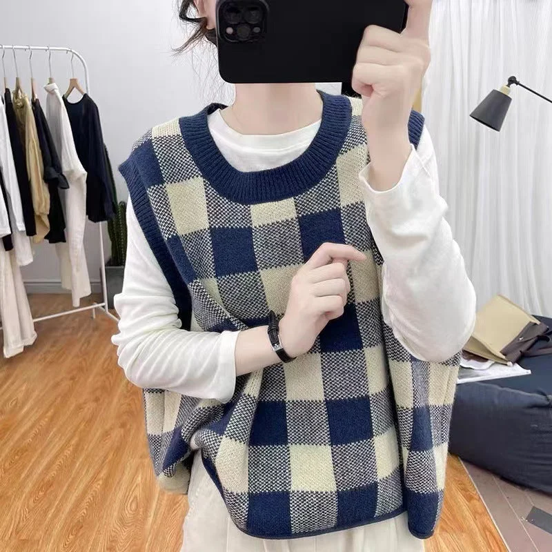 NiDELL Retro Plaid Contrast Color All-Match Knitted Vest Sweater Women's . New Loose Sleeveless Bandage Dress Waistcoat Vest