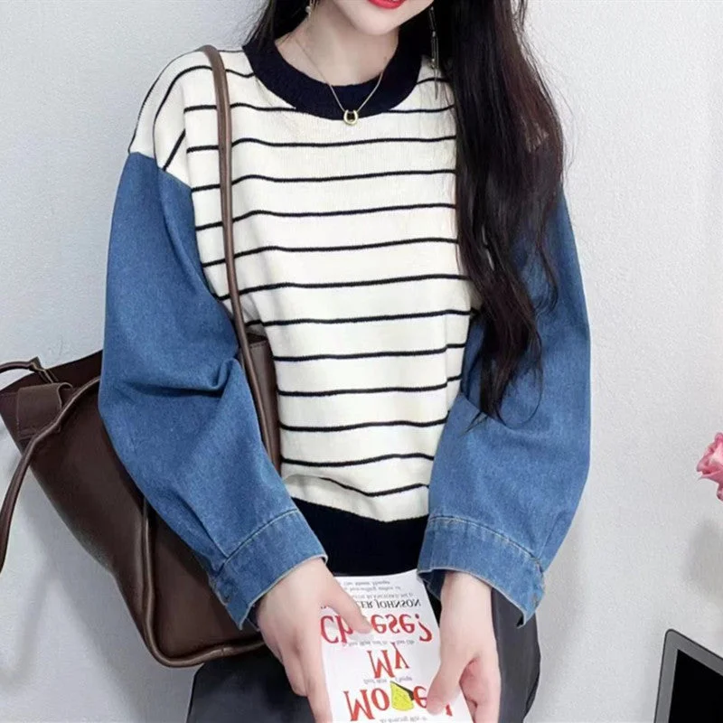 NiDELL Striped Denim Korean Style Versatile round Neck Splicing Knitwear Women's Autumn and Winter Small Loose Casual Niche Sweater