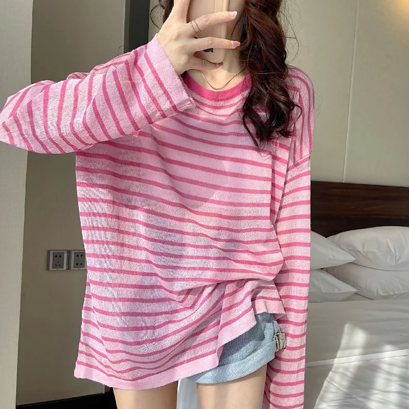 NiDELL Sun Protection Lazy Thin Ice Linen Sweater Women's Overall Loose Striped Casual Summer Fashion All-Matching Hong Kong Style Women's Clothing