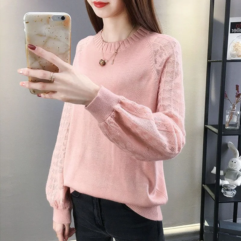 NiDELL Thin round Neck Sweater for Women Loose Outer Wear Spring and Summer New Hollow Knitted Bottoming Shirt Top for Women