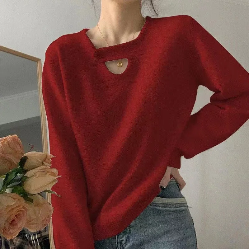 NiDELL Women's Korean-Style Pearl round Neck Loose Hollow-out Solid Color Sweater . Autumn and Winter New Elegant Style Elegant Knitwear