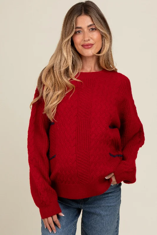 Red Striped Mixed Cable Knit Maternity Sweater