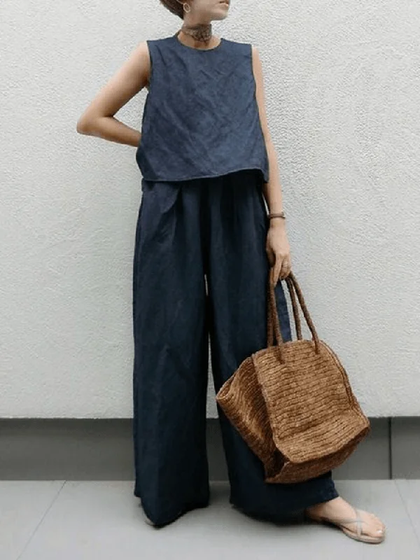 Zjkrl - Sleeveless Linen Vest & wide-leg Trousers Sets