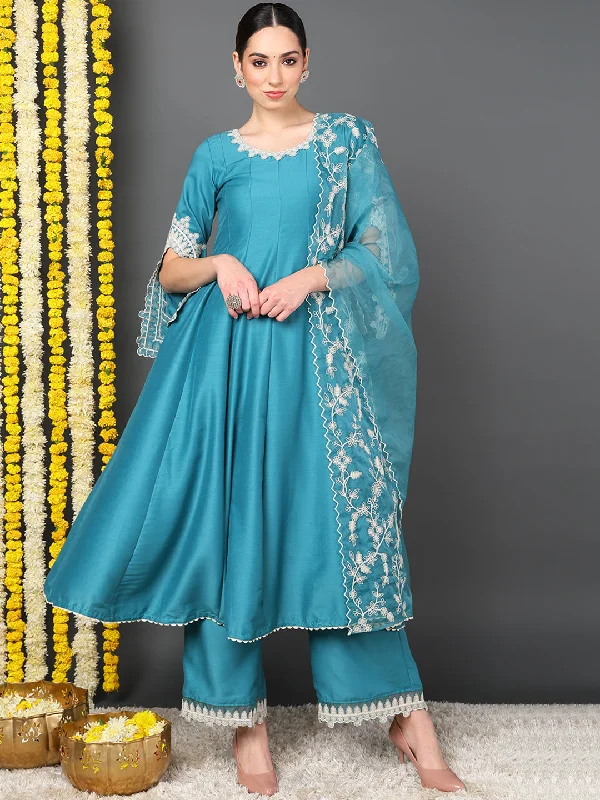 Blue Silk Blend Solid Embroidered Flared Kurta Trouser With Dupatta