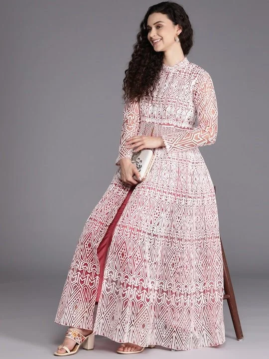 Women Pink & White Embroidered High Slit Thread Work Kurta with Trousers