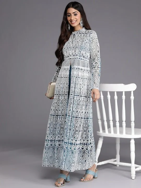 Women Teal Blue & White Embroidered High Slit Thread Work Kurta with Trousers