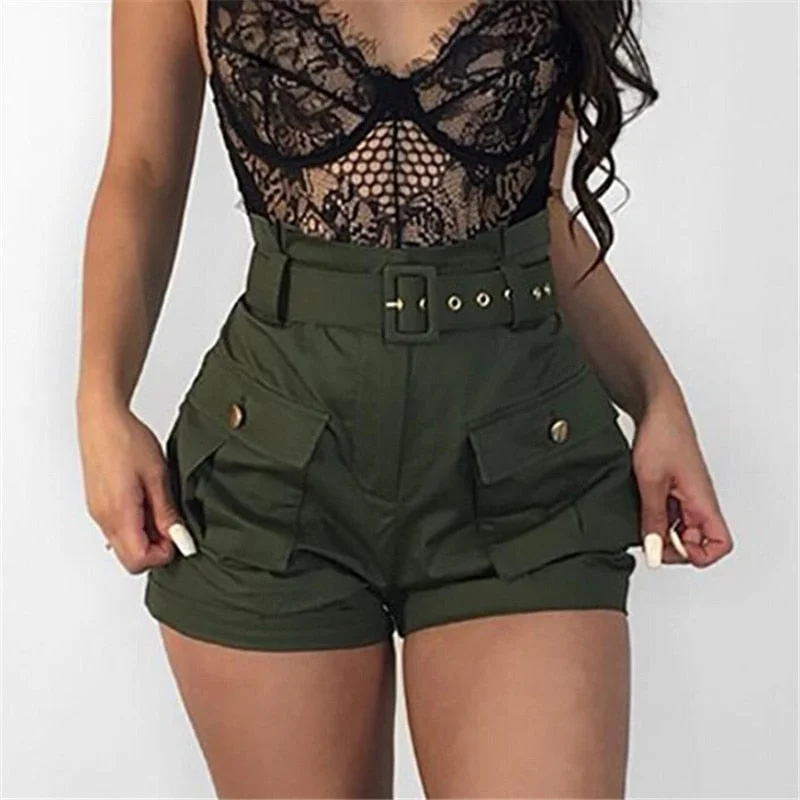 Casual Women A-line Short Pants New 2018 High Waistband Summer Green Shorts Pants Stylish Ladies Loose Beach Belt Short Trousers