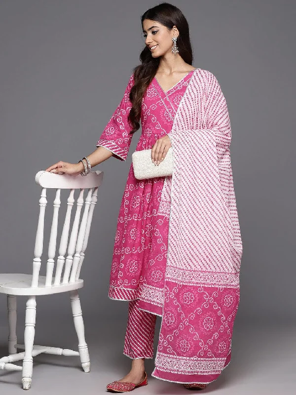 Pink Printed Cotton A-Line Kurta With Trousers & Dupatta