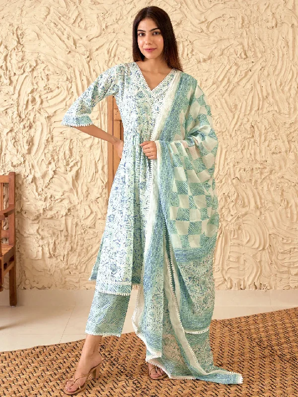 White Printed Cotton A-Line Kurta With Trousers & Dupatta