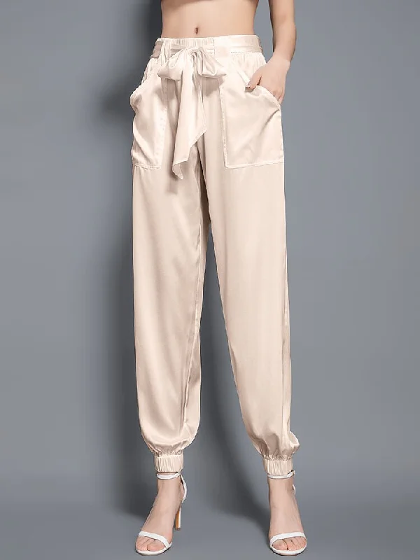 Womens Fashion Tie Waist Ankle Banded Cropped Silk Trousers