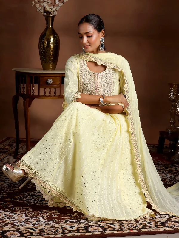 Yellow Embroidered Cotton A-Line Kurta With Trousers & Dupatta