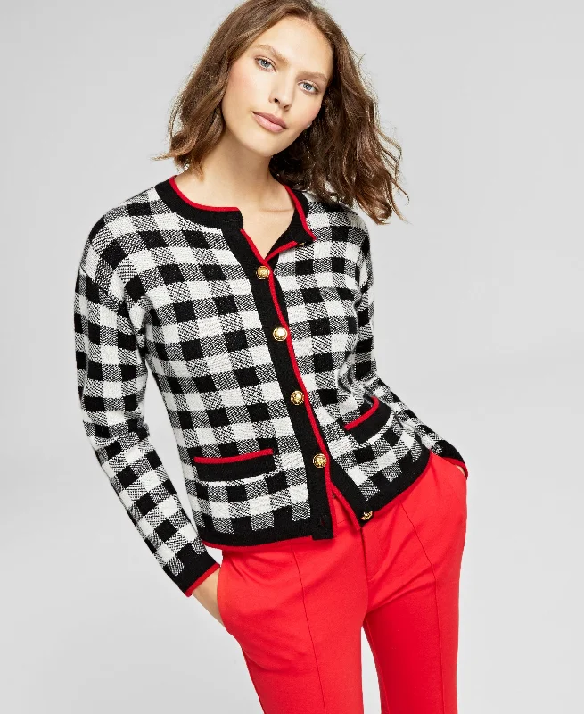 Charter Club Plaid Cashmere Button Front Cardigan