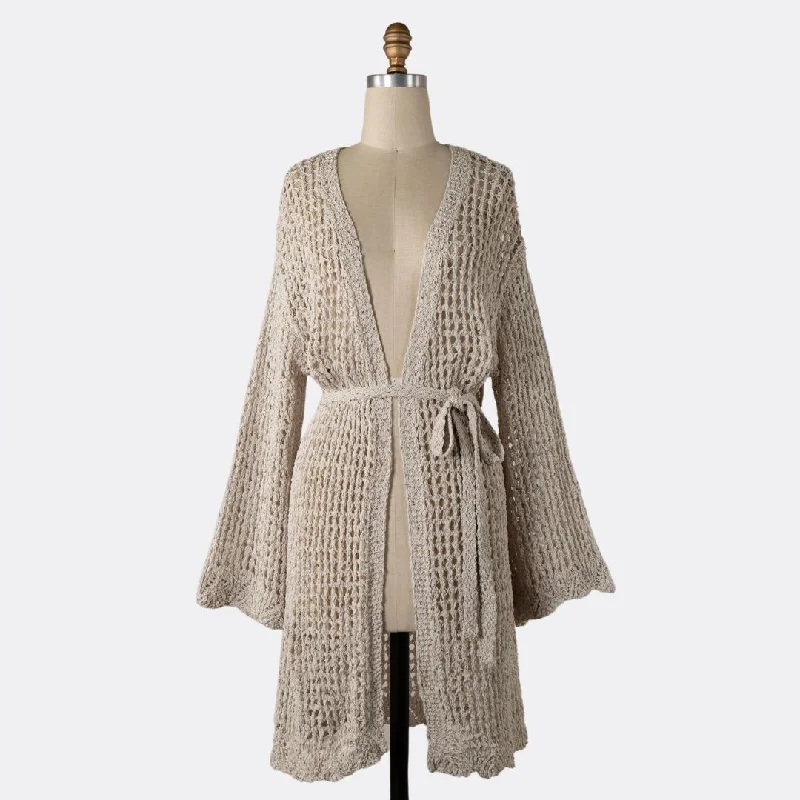 Open Crochet Belted Cardigan (Cream)