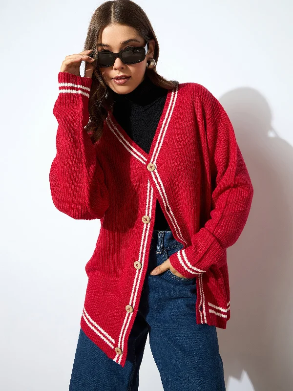 Women Red Front Button Oversized Cardigan