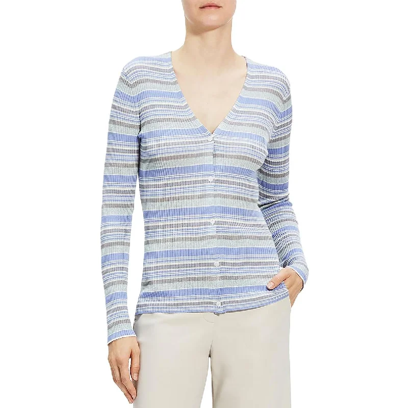 Theory Womens 100% Silk Ribbed Cardigan Sweater