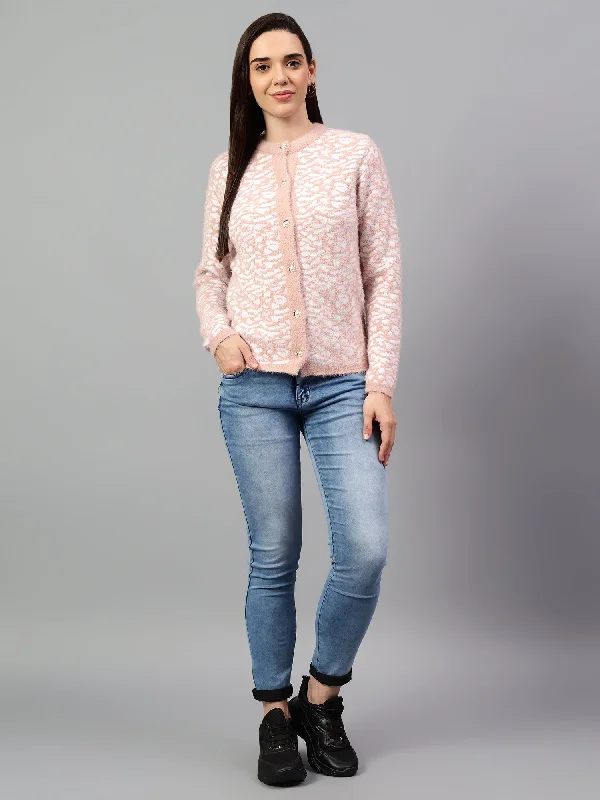 Women's Self Design Pink Full Sleeve Cardigan Casual Sweater